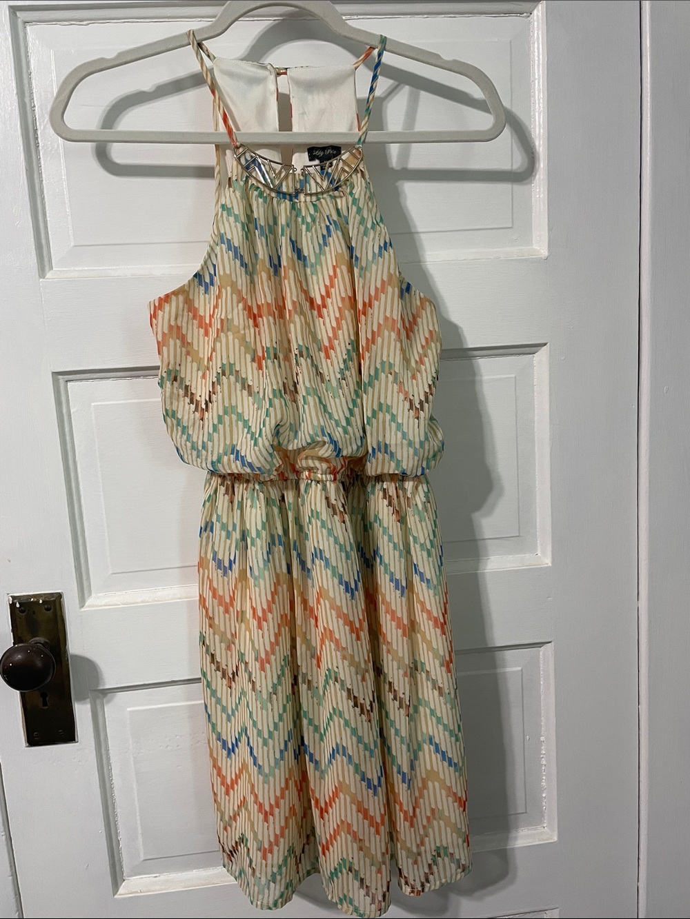 Lily Rose Cream Halter Dress with Coral, Blue & Green Chevron Stripes